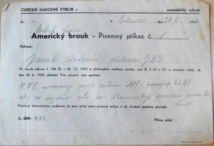 Písemný příkaz MNV Přibenice - postřik chmele, rok 1952, zdroj: SOkA Louny