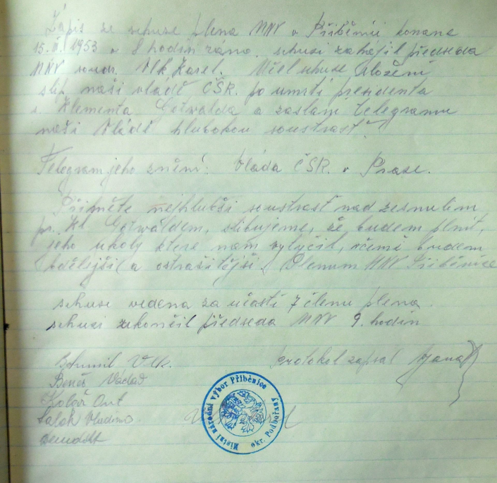 Smrt Klementa Gottwalda - poslání telegramu vládě, zdroj: SOkA Louny