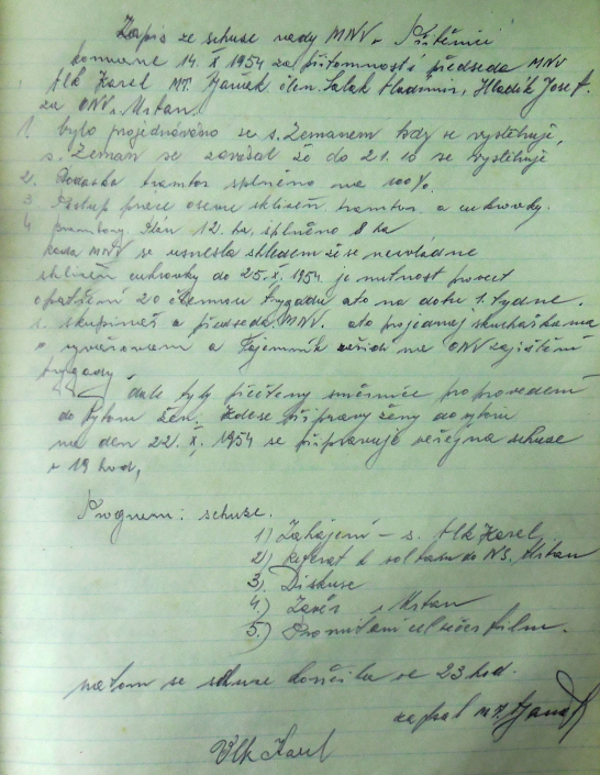 MNV Přibenice - s. Zeman se vystěhuje z obce do 21. 10. 1954, brambory se plní, sklizeň cukrovky se nestihne, nutnost brigád, zdroj: SOkA Louny