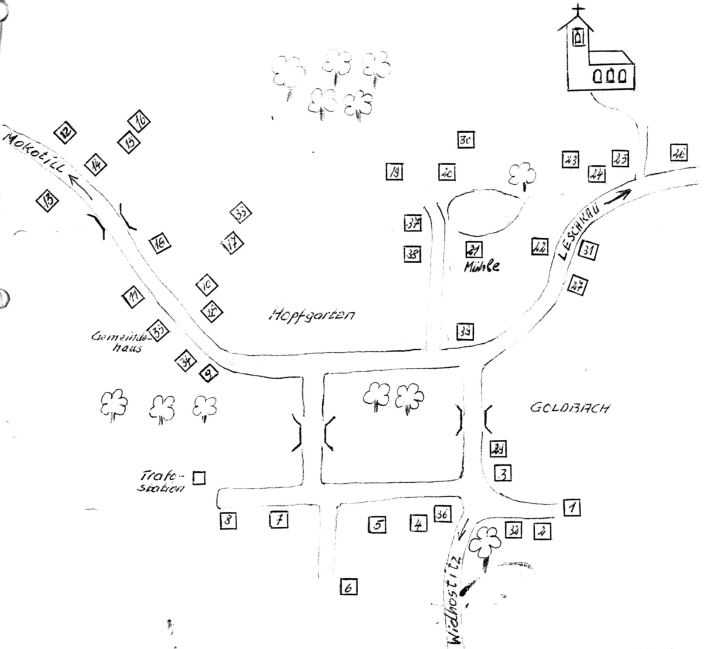 Plán vesnice Přibenice (Pschibenz) v roce 1945, zdroj: Heimatstube Podersam – Jechnitz in Kronach