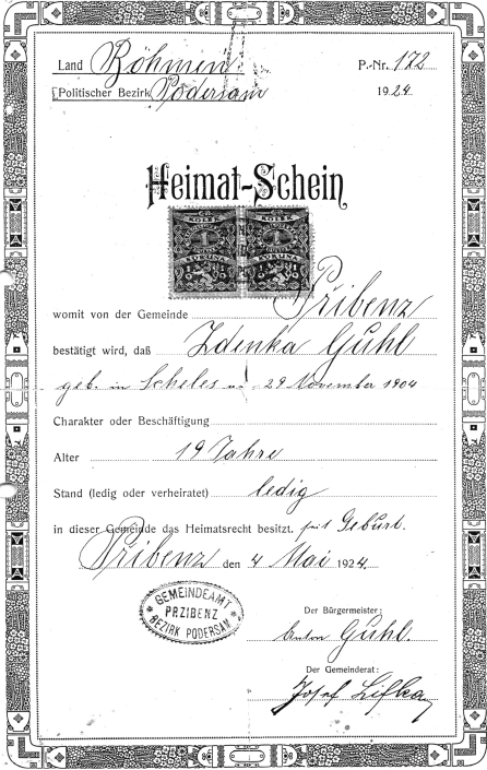 Domovský list - obec Přibenz / Przibenz / Přibenice, rok 1924, zdroj: Heimatstube Podersam – Jechnitz in Kronach