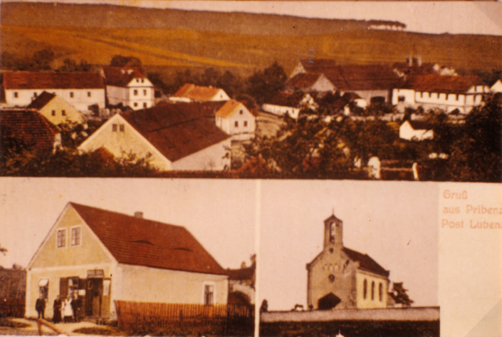Pohlednice s názvem Pribenz, nedatováno, před rokem 1945, zdroj: Heimatstube Podersam - Jechnitz in Kronach